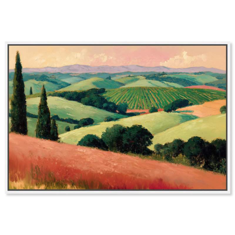Tableau vintage « Couchers de soleil et vallée luxuriante » encadré sur toile par Art Remedy, cadre blanc, 54 x 36 pouces.