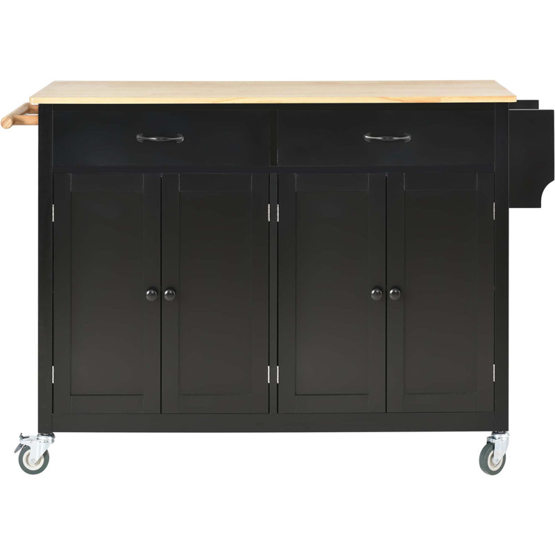 Chariot pour îlot de cuisine avec plateau en bois massif, roulettes verrouillables, armoire à 4 portes, 2 tiroirs, support à épices et porte-serviettes