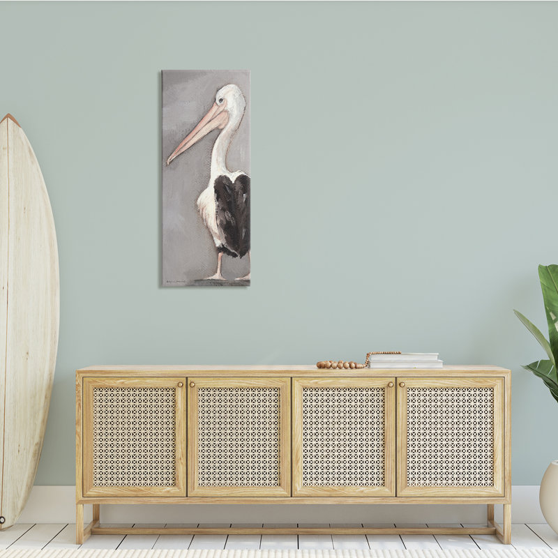 Plage, pélican, long bec, oiseaux aquatiques, ferme grise, estampe numérique, art texturé par Stephanie Workman Marrott