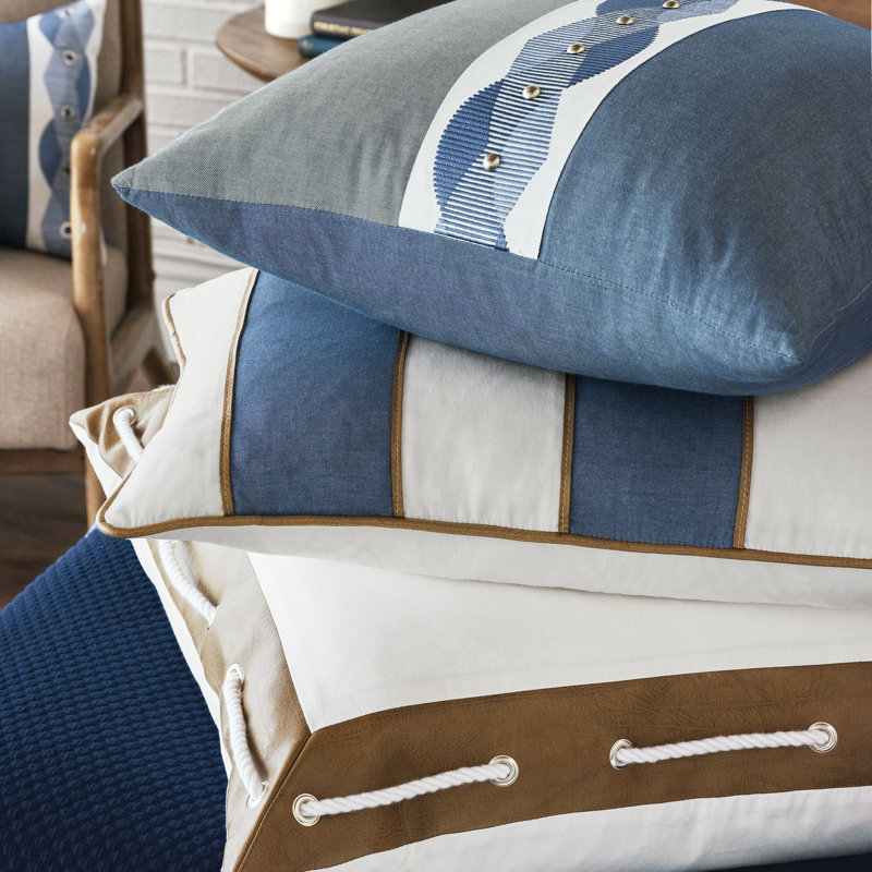 Halprin Rectangular Blue and White Cotton Pillow with Faux Leather Trim