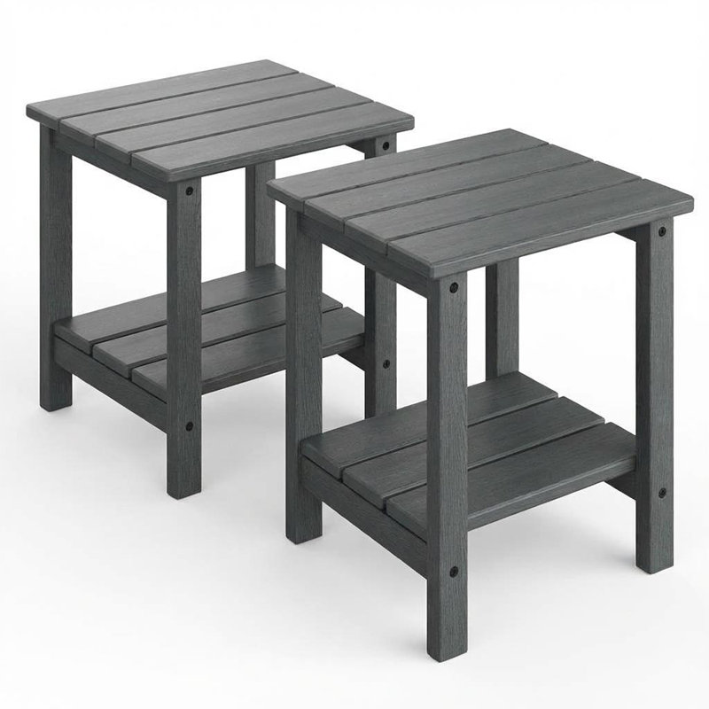 Set of 2 Outdoor 2-Tier HDPE Side Tables, 18 in All-Weather Patio End Tables for Pool, Deck, Backyard, or Indoor Use, Gray
