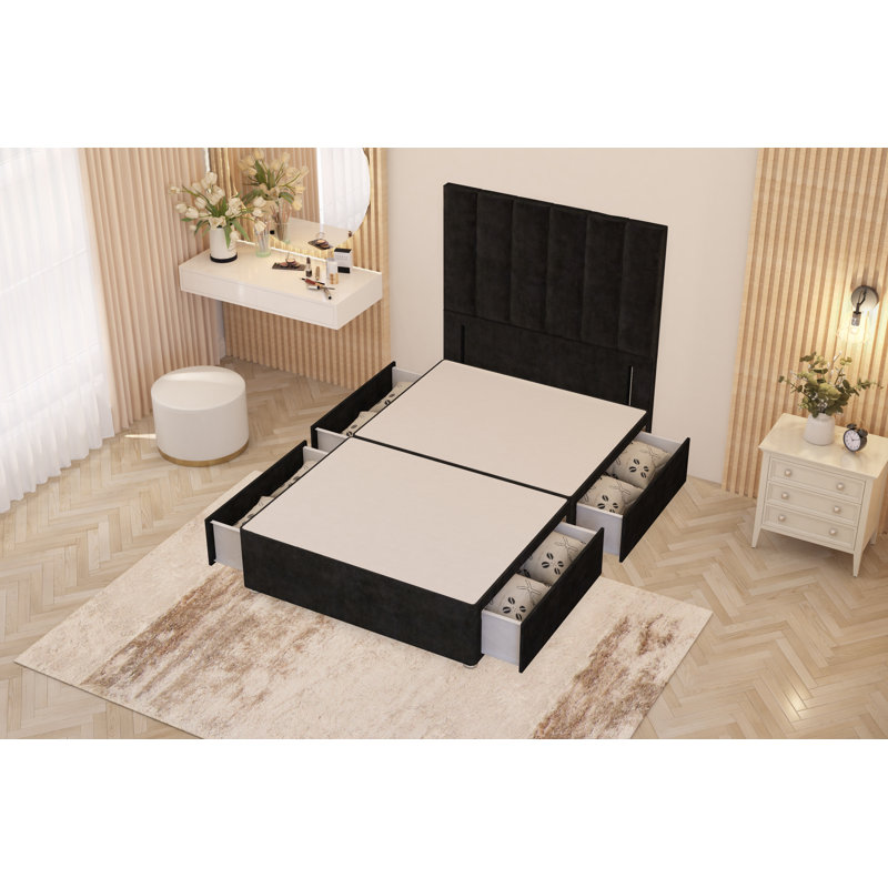 Asterin Divan Bed Base with 54" Floor Standing Headboard Plush Velvet, 4 Drawers, Black, Kingsize (5')