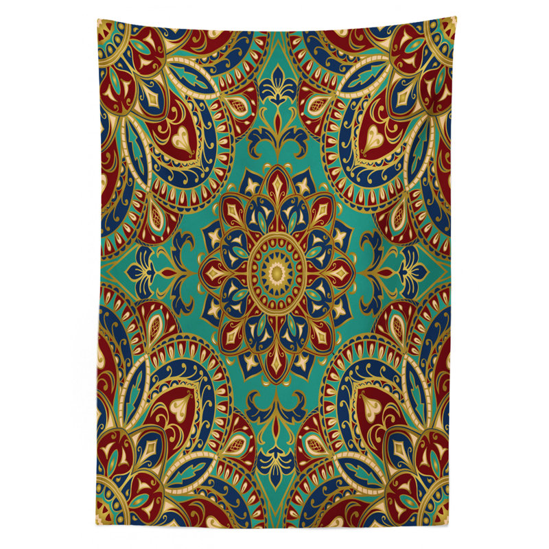 Mandala Tablecloth, Pattern With Mandala Style Eastern Medieval Motifs Oriental Ethnic, Rectangular Table Cover For Dining Room Kitchen Decor, 52" X 70", Teal Indigo Ruby
