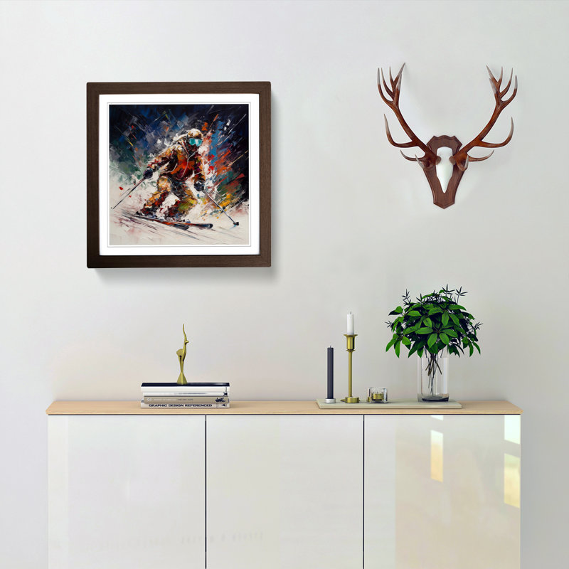 Skiing Palette Knife - Single Picture Frame Print on Wood, Walnut