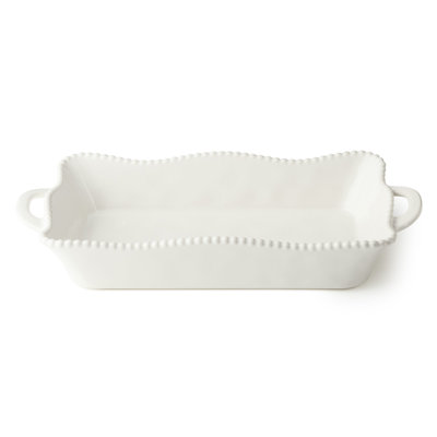 Boulanger Perlette crème en céramique rectangulaire moyen - 16,25 po x 8,5 po Élégant plat de cuisson en grès festonné avec rebord perlé - Plat allant au four pour les casseroles, les rôtis et les réceptions quotidiennes