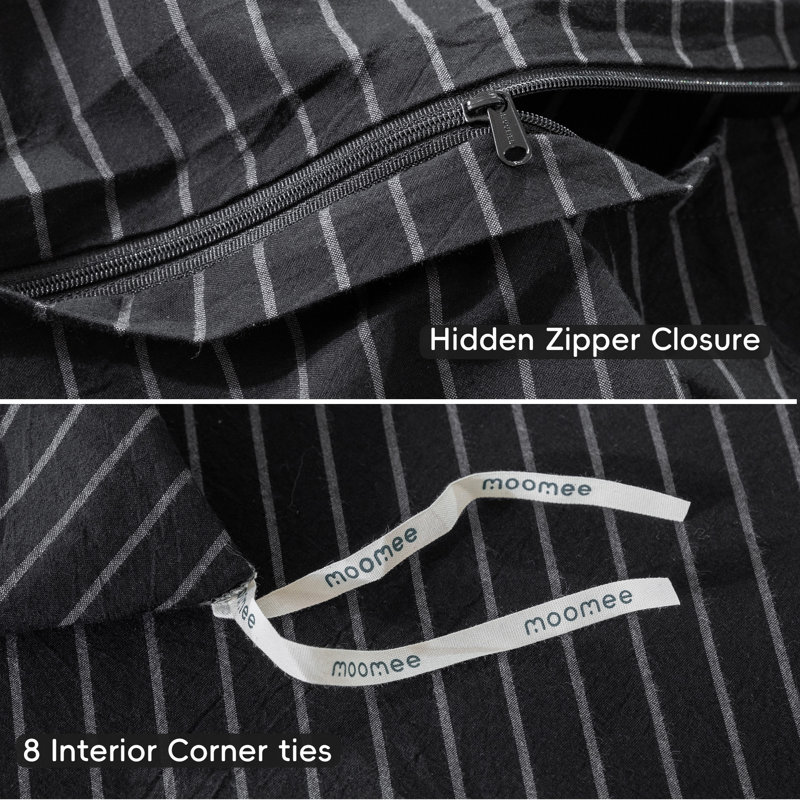 MooMee Striped Duvet Cover Set 100% Washed Cotton Linen Like Textured, King Duvet Cover + 2 King Pillowcases