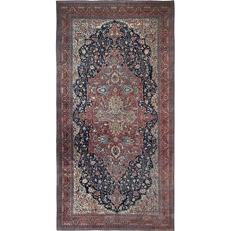 Tapis loulou rouge perse antique de 14 pi x 25 pi 9 po, bon état, propre et doux, taille manoir, noué à la main, 100% laine, très grand tapis oriental, très grand