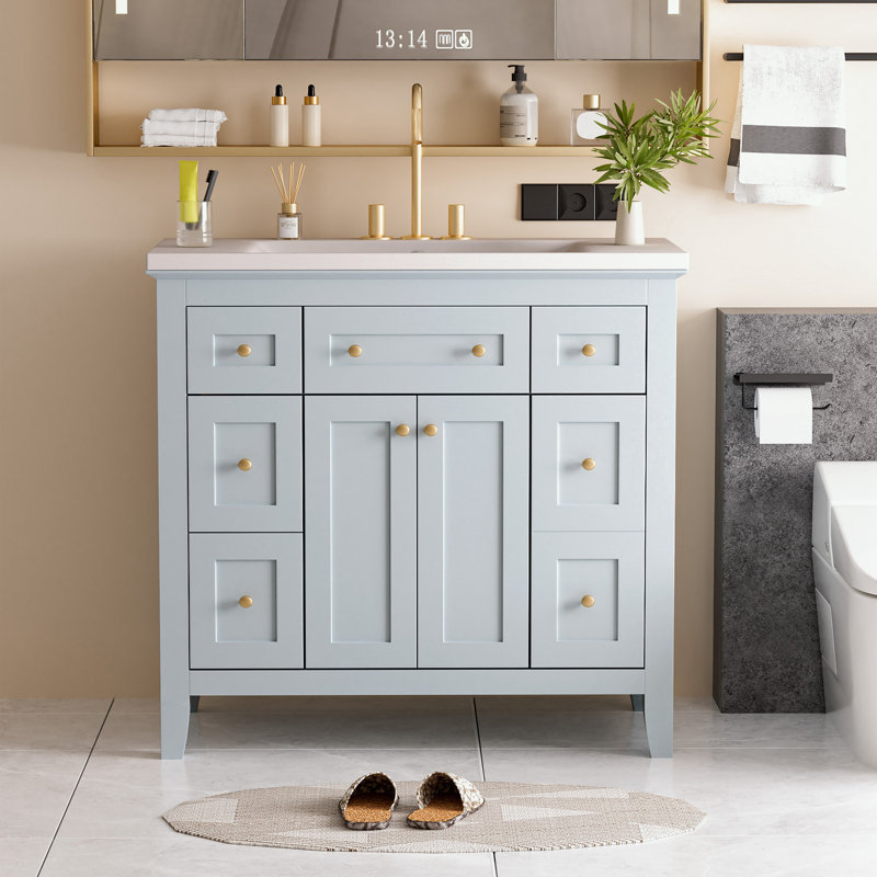 Ensemble de meuble-lavabo Bathroon avec lavabo en résine, 6 tiroirs et 2 armoires, Bleu clair