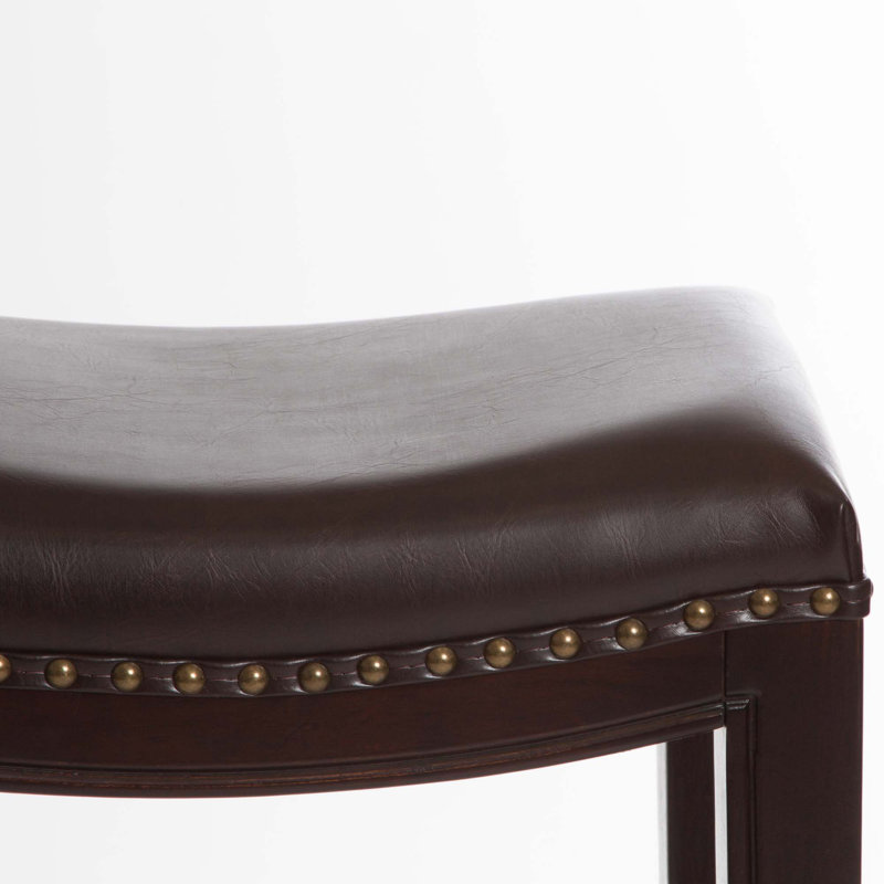 Classic Design Solid Wood Bar Stool,Comfortable Cushion With Elegant Nailhead Trim, Brown, Brown