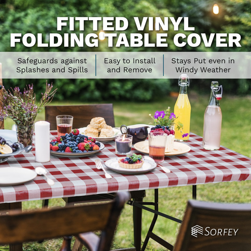 Ebern Designs Vinyl Picnic Fitted Tablecloth Cover, Solid Design, Flannel Backed Lining, Blue, 30" D x 72" L