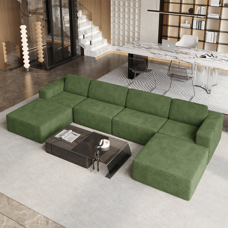 Modular Corduroy 404cm 4-seater Sofa With 2 Ottomans, No Assembly Required, With High Rebound Sponge, Green