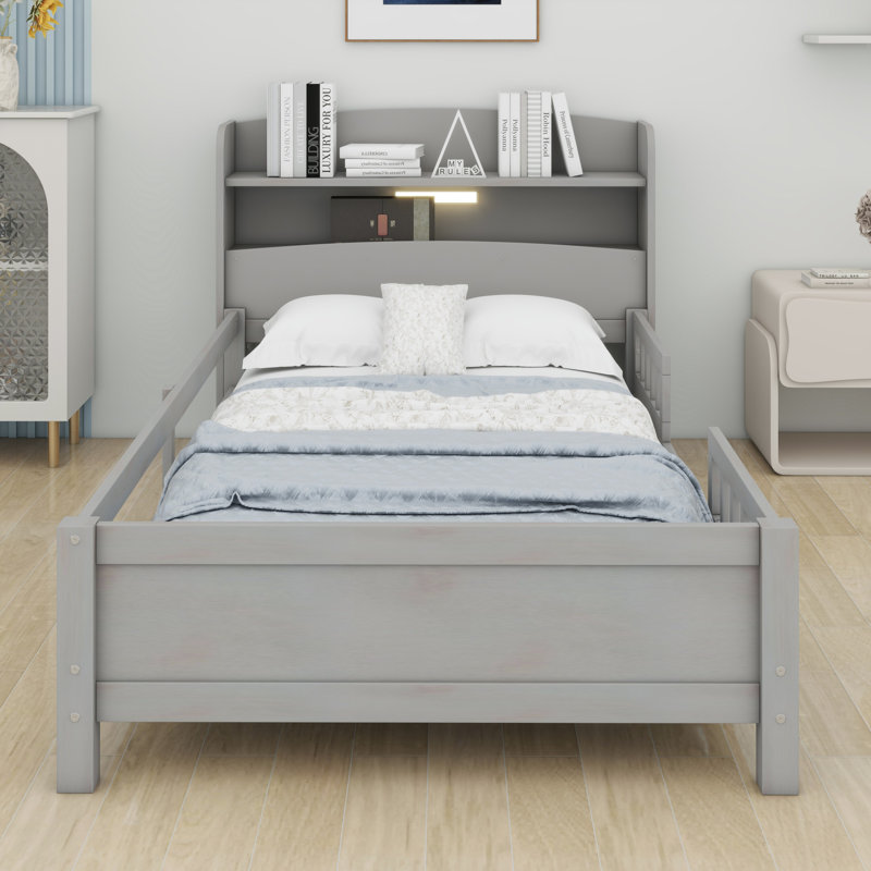 Lit plateforme en bois avec éclairage à DEL, tête de lit avec rangement et garde-corps, Gris antique