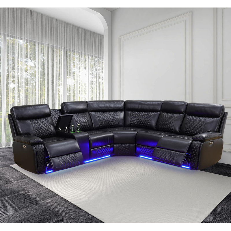 Mardie 3-Piece Breathable Leather Power Reclining Sectional, Home Theater Couch with Storage, Cup Holder & LED