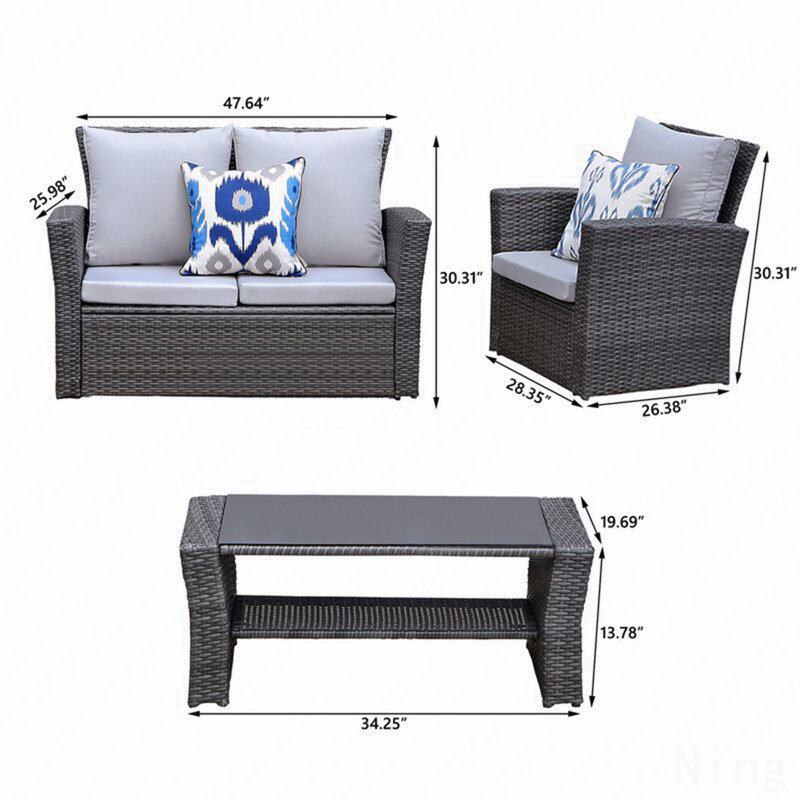 Ensemble de meubles de patio 4 pièces en osier et rotin gris avec coussins