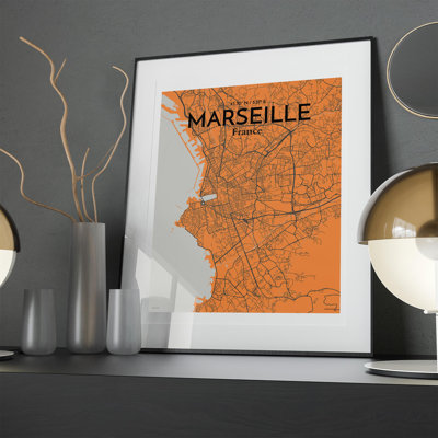 Marseille City Map In Orange - No Frame Print