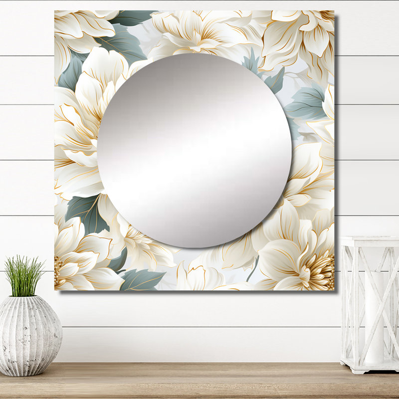 White Mandalas Chrysanthemum Boho Pattern - Floral Square Mirror Wall Decor For Bedroom, 23" x 23"