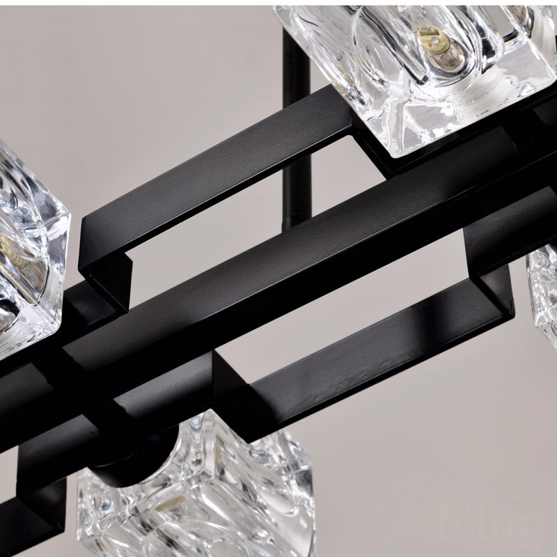 Lustre - rectangulaire pour salle à manger, 10 lumières de style maison de campagne noire avec luminaire suspendu de conception linéaire, luminaire suspendu en cristal de style moderne