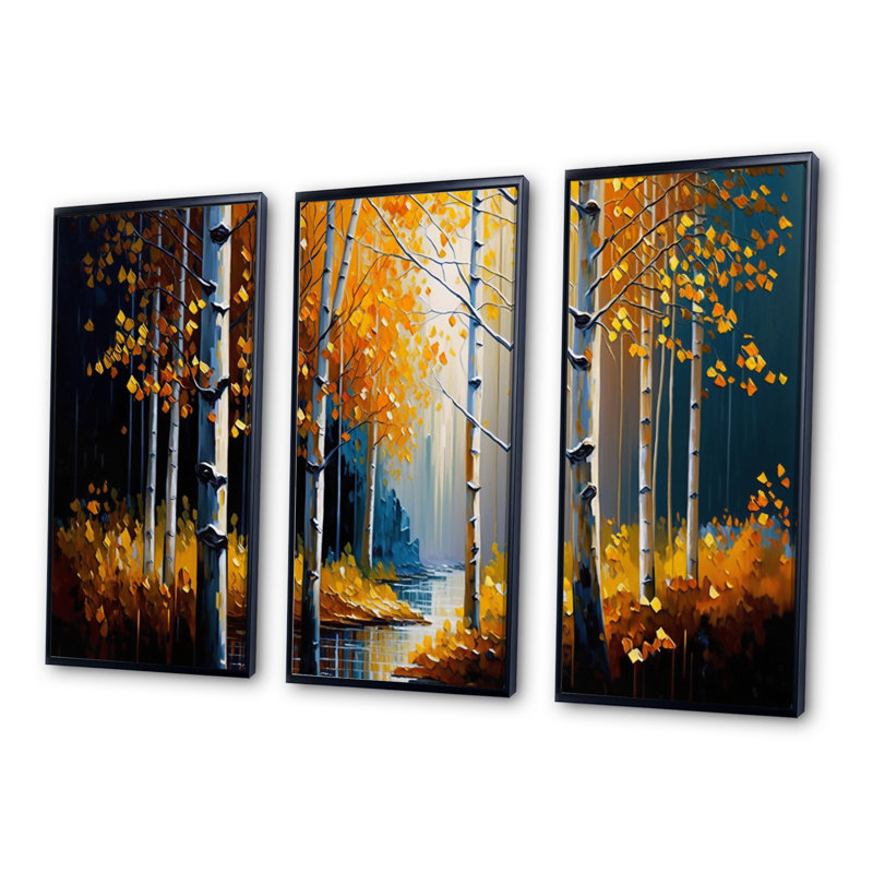 Sentier dans la forêt jaune VI - impression de 3 pièces, Noir, H 28 po x l 36 po x P 1 po