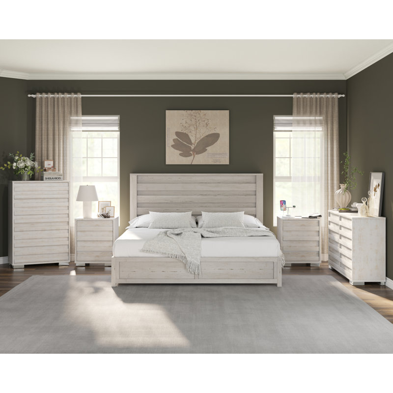  Ensemble de chambre à coucher avec très grand lit de 5 pièces Louby, blanc vieilli, Très grand, Blanc vieilli