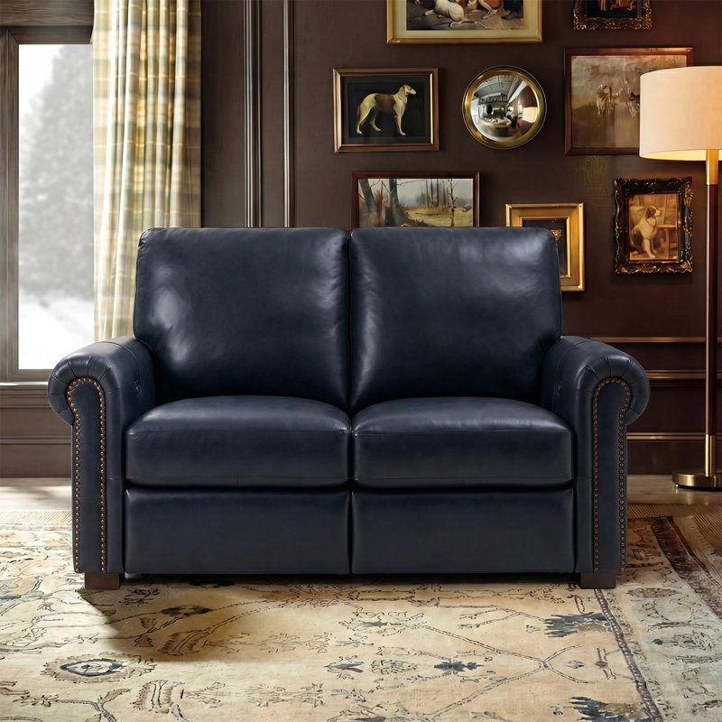 Igon 62.8" Traditional Down-Filled Genuine Leather Power Reclining Loveseat Sofa, Navy