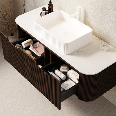 48" Bathroom Vanity With Sink, Black Ceramic Basin, Floating Storage, 2 Drawers, Matte 3D Striped, Soft Close System, Countertop, Ample Pre-Assembled, Easy To Install, Cabinet Storage
