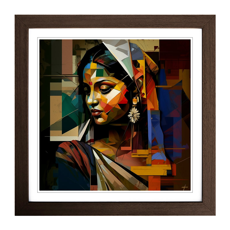 Indian Woman Cubism - Single Picture Frame Print on Wood, Walnut