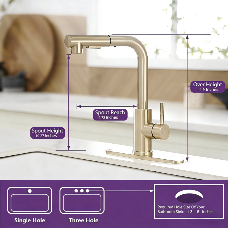 Pull Out Single Handle Kitchen Faucet With Deck Plate and Supply Lines, Brushed Gold