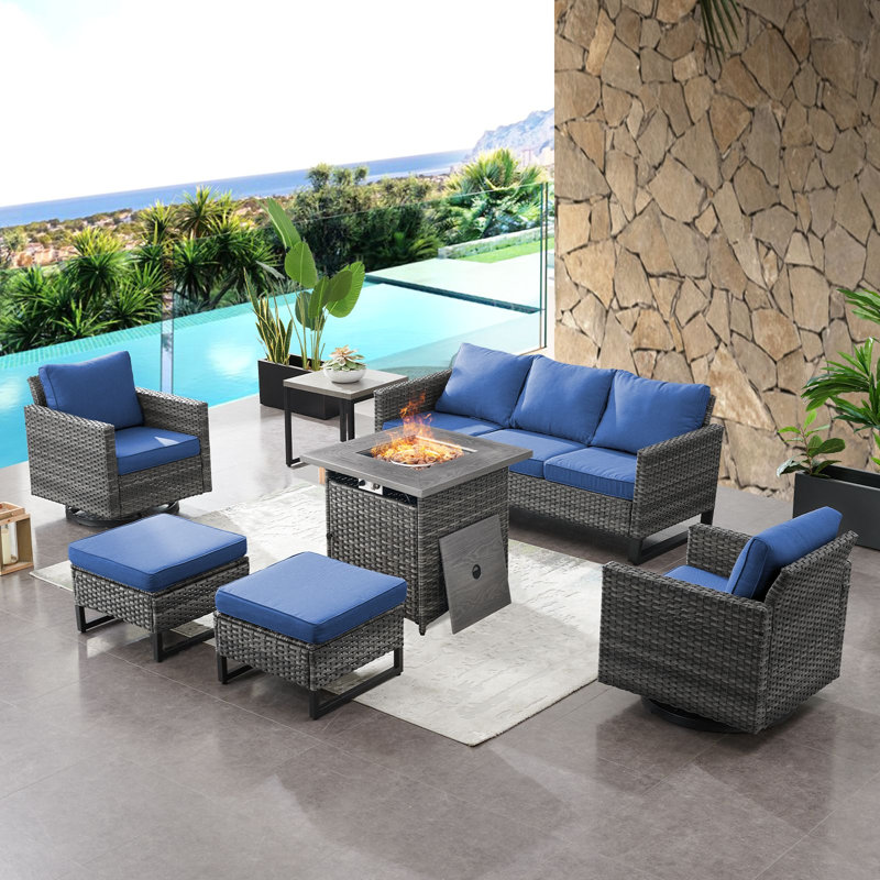Naresa 7-Piece Outdoor Sofa Set, Wicker Patio Furniture Set With Fire Pit Table, All-Weather PE Wicker, Blue