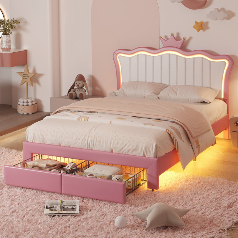 Twin-Size Bed, Princess-Style Upholstered Bed Frame, Crown Headboard With LED Light And Adjustable Storage Drawers, No Spring Mattress Required