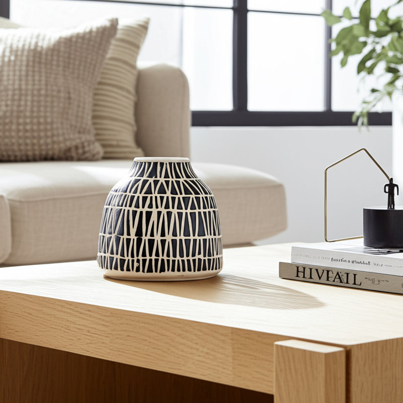 Modern Ceramic and Stoneware Vase with Embossed Geometric Pattern for Sleek Decorative Accent Display, Black