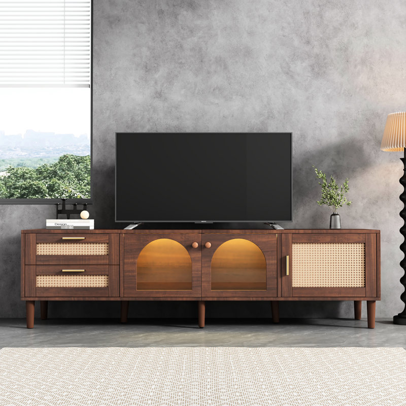 80'' Tv Compatible Console Table, Ample Storage Space, Waterproof Surface For Living Room, Bedroom, Home Theatre Media Stand With Fit, 2 Drawers & 3 Cabinets, Tabletop And Solid Wood Legs