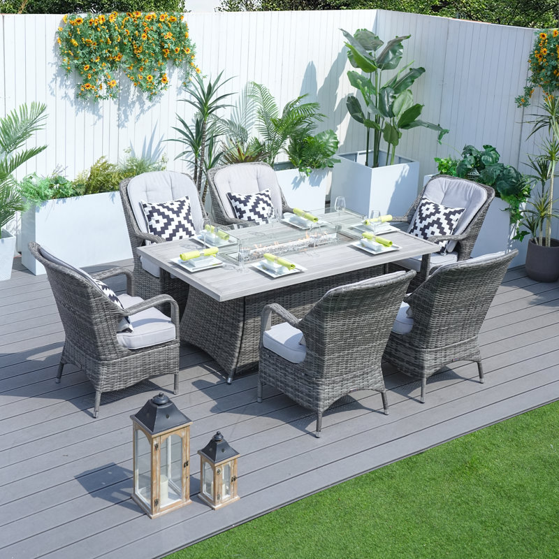 6 - Person Wicker Patio Dining Set with Rectangular Table , Cushions Included, Gray, Gray