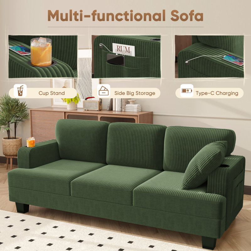 84" Modern style comfortable corduroy reception sofa, seating of 3, with cup holder, side pocket and type-c interface, Green
