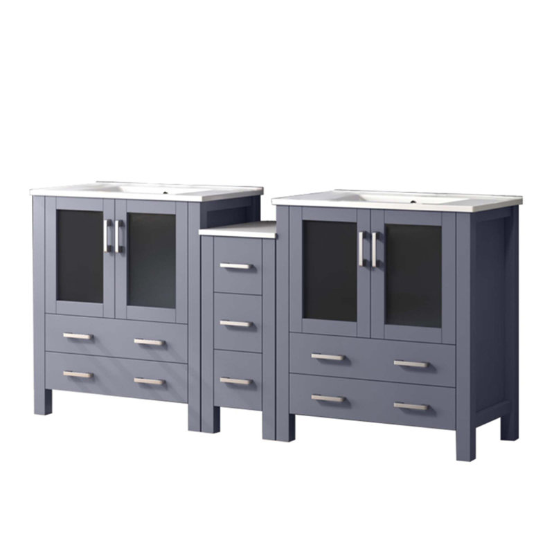 Meuble-lavabo double avec armoire latérale et plateau en céramique blanche, 72"
