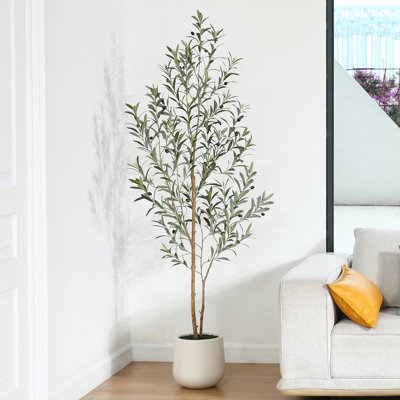 Olive artificielle Adcock avec pot de fleurs blanc, grands oliviers avec tronc en bois naturel