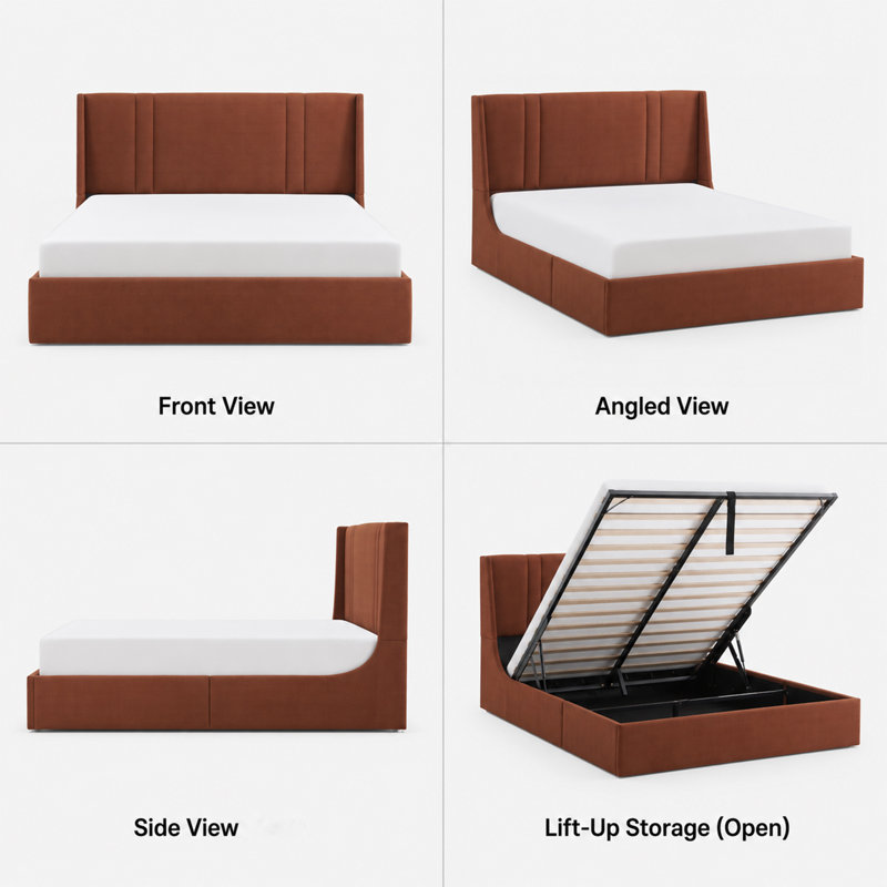 41.7" Velvet Curved Wingback Queen Bed Frame with Hydraulic Lift, No Box Spring Needed, Ocher, Ocher, Queen