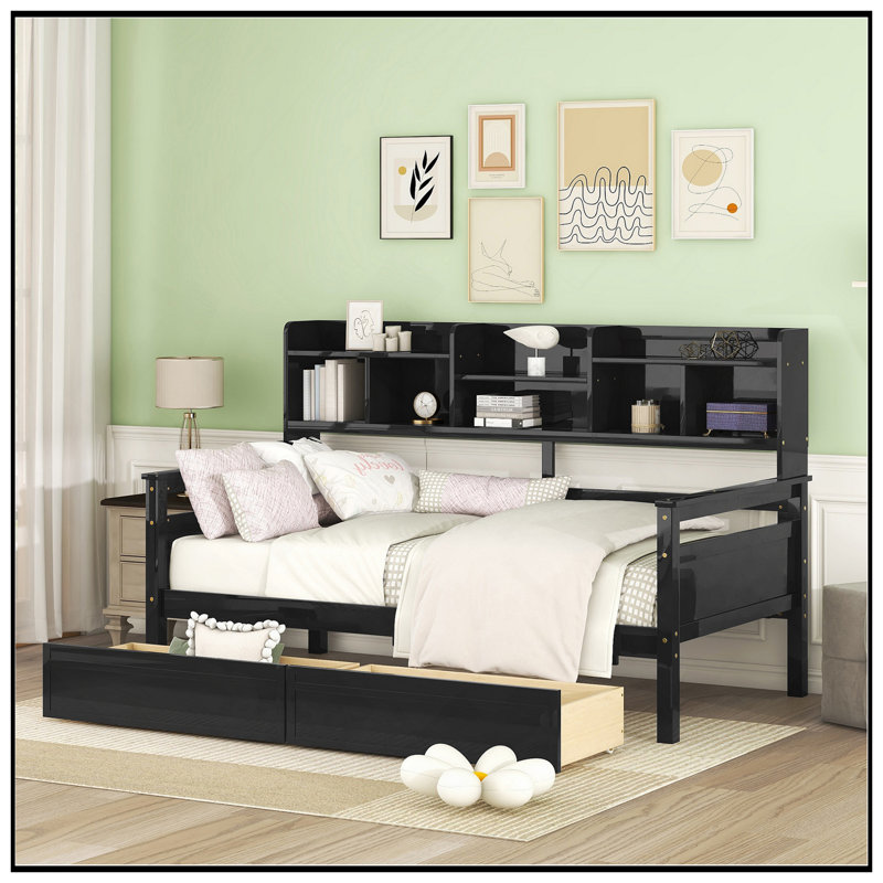 Lit de jour avec support en lattes de bois, tablettes de chevet et deux tiroirs pour un rangement polyvalent et confortable