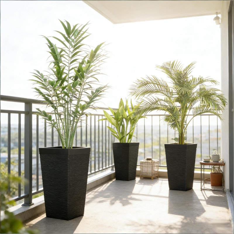 Space-saving Modern Black Planters, Polypropylene, Indoor Outdoor Use