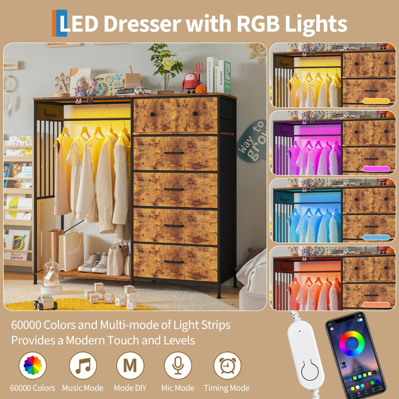 49.2" w Dresser with Hanging Rack & LED Lights, 6-Drawer Closet Organizer with Charging Station, Brown
