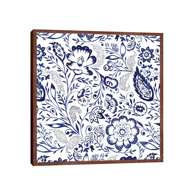 Folk Floral Indigo by Jacqueline Maldonado - Print on Canvas, Classic Brown Wood Framed, 66.04 cm H x 66.04 cm W