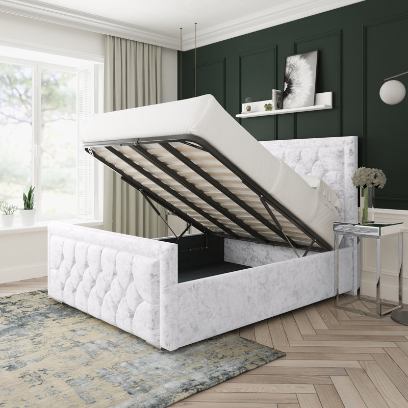Maple Crushed Velvet Upholstered Ottoman Bed Frame, White, Small Double (4')