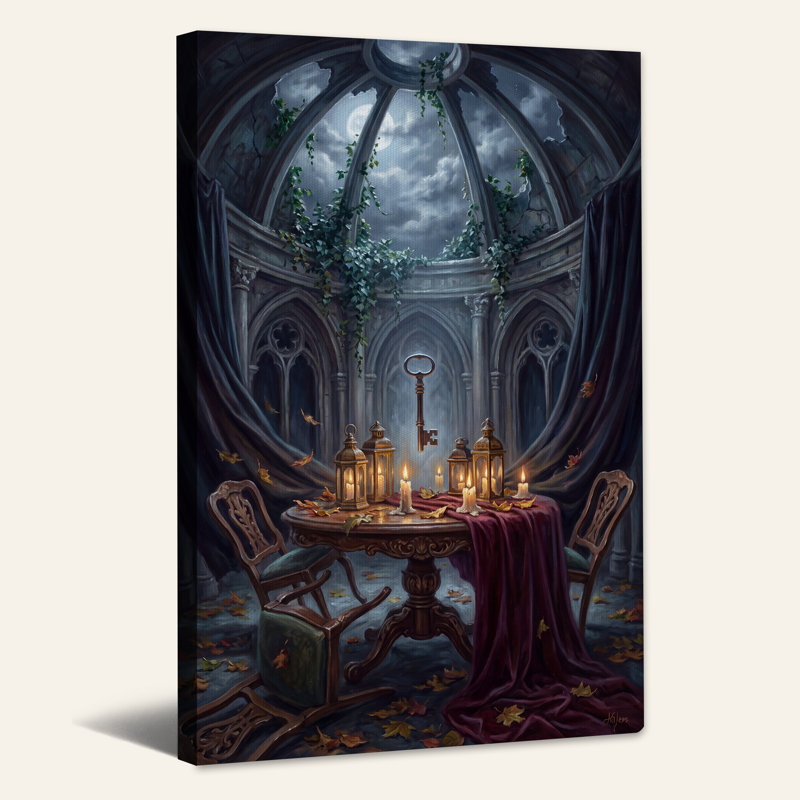«Floating Key and Lanterns in Moonlit Gothic Dome», art mural, H 30 po x l 20 po