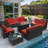10 Pieces Rattan Patio Furniture Conversation Set with 43" Gas Propane 50000 BTU Fire Pit Table Outdoor Sectional Sofa for Backyard-1018345330