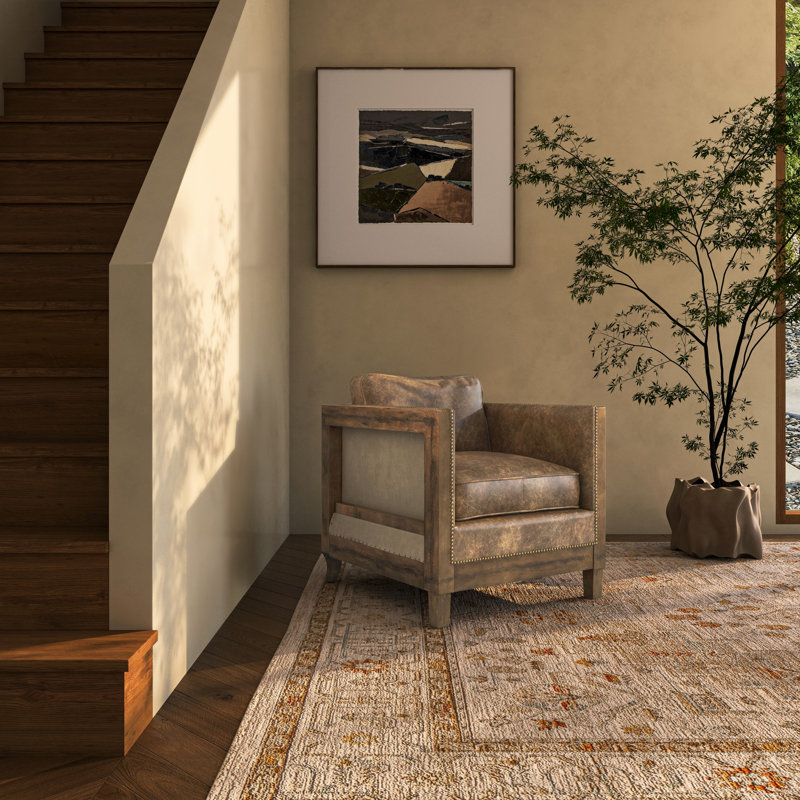 Fauteuil club, structure en bois d'hévéa massif et cuir véritable brun