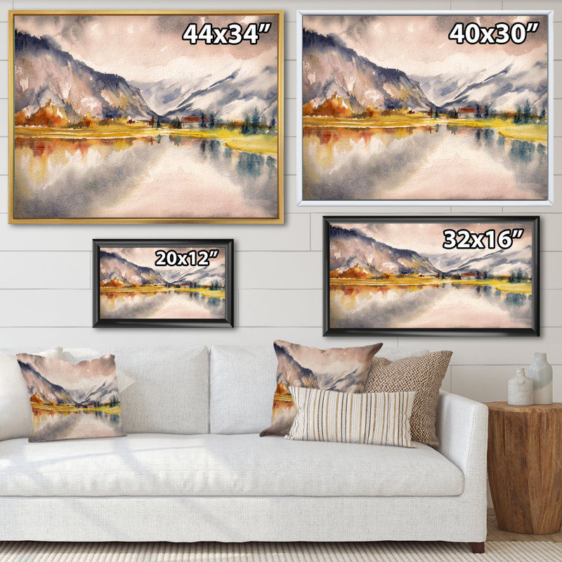 Paysage d'automne avec le ciel reflété sur le lac - Peinture sur toile, H 16 po x l 32 po, Cadre flottant en érable