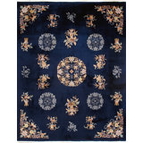 S. Antique Hand Knotted Wool Floral Area Rug in Navy/Ivory