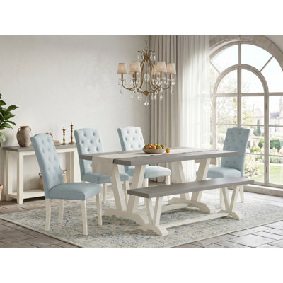 6-Piece Mid Century Table Set Contains a Cement Dining Table and a Wooden Bench and 4 Baby Blue Linen Fabric Kitchen Chairs with Button Tufted Back - Wire Brushed Linen White