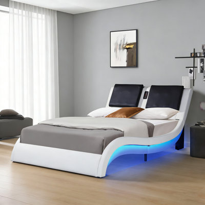 Upholstered Platform Bed Frame with LED lighting, Bluetooth connection to play music control, Backrest vibration massage, No Box Spring Needed