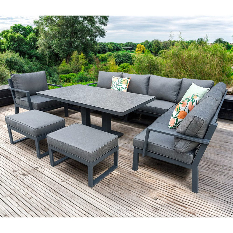 Aluminium 9 Seater Corner Sofa Rising Table Set With Armchair And Stool