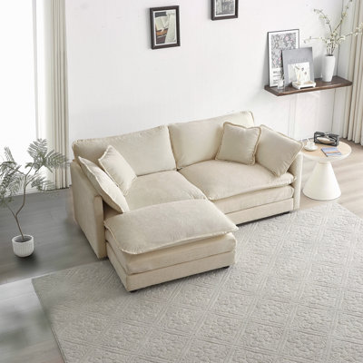 Canapé à deux places en chenille avec 1 repose-pieds, canapé modulaire en L avec repose-pieds 2 places, causeuse avec repose-pieds pour petit espace de vie, chenille beige
